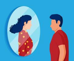 Man transgender looking in mirror and seeing woman. Imaginary reflection, concept of transgenderism. Boy and girl sexual orientation. LGBT pride, gender identity. Cartoon flat vector illustration