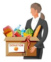 Woman holding cardboard box full of food. Needed items for donation. Water, bread, meat, milk, fruits and vegetables products. Food drive bank, charity, thanksgiving concept. Flat vector illustration