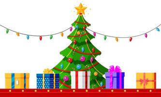 Navidad árbol, fábrica paquetes regalos cajas festivo regalos transportador. regalos entrega y envío. contento nuevo año decoración. alegre Navidad día festivo. nuevo año y Navidad. plano vector ilustración