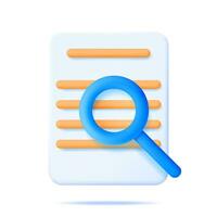 3D Paper Document with Magnifying Glass Isolated. Analysis of Sheet with Loupe. Focus Research and Online Data Monitoring. Discovery, Analysis, Research, Investigation, Search. Vector Illustration