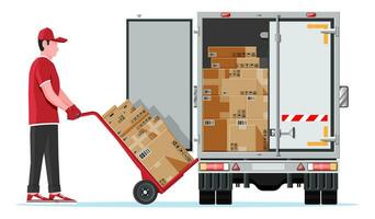 Delivery Van Full of Cardboard Boxes Isolated on White. Express Delivering Services Commercial Truck. Concept of Fast and Free Delivery by Car. Cargo and Logistic. Cartoon Flat Vector Illustration