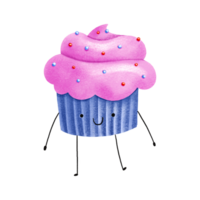 Hand gezeichnet Illustration mit köstlich Süss Cupcake mit Creme. süß kindisch Charakter mit Augen und Hände. köstlich Illustration png