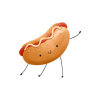 Character hot dog with sausage and sauce. Funny children's illustration. Cute food with face, arms and legs. Art for bakeries and restaurants. Illustration of walking Hot dog png