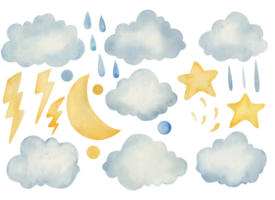 hand painted watercolor sky elements. Weather, clouds and other fairy isolated clipart png