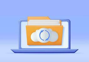 3D Folder in Clouds with File Sync Icon on Laptop. Render Computer File Folder with Synchronization Cloud. Data Center, Cloud Storage Concept. Online Backup. Internet Archive. Vector Illustration