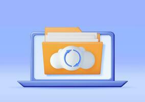 3D Folder in Clouds with File Sync Icon on Laptop. Render Computer File Folder with Synchronization Cloud. Data Center, Cloud Storage Concept. Online Backup. Internet Archive. Vector Illustration