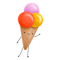 Character. Happy ice cream with three scoops waving his hand. Hand drawn isolated children's illustration. Food and sweets png