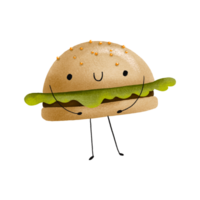 carino giocoso e contento Hamburger carattere. hamburger cartone animato personaggio design con braccia e gambe. delizioso veloce cibo. carino portafortuna mano disegnato carino illustrazione. png