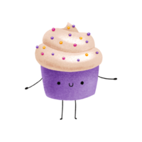 Charakter Cupcake mit Weiß Glasur und Sträusel. komisch Kinder- Illustration. süß Nachspeisen mit Gesicht, Waffen und Beine. png