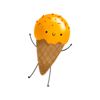 Children's illustration with ice cream with yellow cream. Ice cream character with arms and legs. Cute hand drawn design for kids png