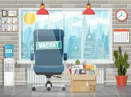 Office interior, chair with vacant sign. Box with office goods. Hiring, recruiting. Human resources management concept, searching professional staff, work. Found right resume. Flat vector illustration