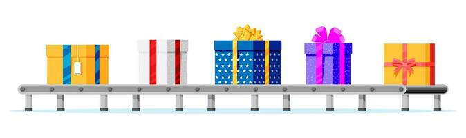 Christmas Factory Packs Gifts Boxes. Festive Presents Conveyor. Presents Delivery and Shipping. Happy New Year Decoration. Merry Christmas Holiday. New Year and Xmas. Flat Vector Illustration