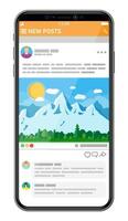 Social network interface template on smartphone screen. News post frames pages on mobile device. Users comment on photo. Social resources application mock up. Vector illustration in flat style