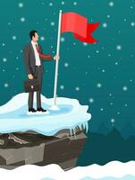 Businessman with briefcase standing on top of mountain with flag. Symbol of victory, successful mission, goal and achievement. Trials and testing. Win, business success. Flat vector illustration