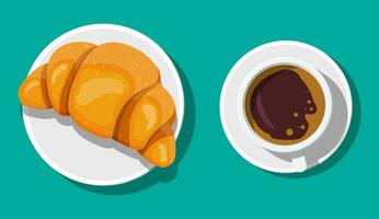 café taza y francés cuerno. café caliente beber. concepto para cafetería, restaurante, menú, postres, panadería. desayuno parte superior vista. vector ilustración en plano estilo