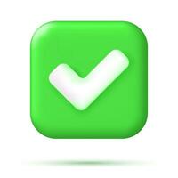 3D Right Button in Square Shape. Green Yes or Correct Sign Render. Green Checkmark Tick Represents Confirmation. Right Choice Concept. Agreement, Approval or Trust Symbol. Vector Illustration