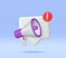 3D Megaphone with Blank Bubble Chat Isolated. Render Plastic Megaphone Realistic. Modern Bullhorn or Loudspeaker. Announcement Message, Marketing, Job, Attention. Vector Illustration