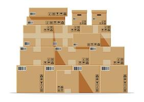 Cardboard boxes pile isolated on white. Carton delivery packaging closed, sealed, cubic, big and small box with fragile signs. Vector illustration in flat style