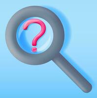 3D Magnifying Glass and Question Mark Isolated. Question Help Search. Render Plastic Cartoon Zoom Lens. Loupe Tool. Discovery, Analysis, Research, Investigation, Search Concept. Vector Illustration