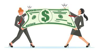 Two Businesswoman Pull of Dollar. Woman Tug of War for Dollar Money and Look at Each Other. Business Target, Rivalry, Competition, Conflict. Achievement, Goal Success. Flat Vector Illustration