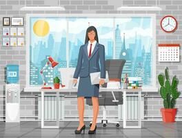 Office building interior. Businesswoman at desk with computer, chair, lamp, books and document papers. Drawer, tree, clocks, calendar, printer. Modern business workplace. Flat vector illustration