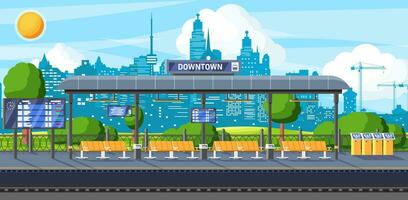 Subway Station with Train. Modern Metro Station Cityscape. Public Transport. Platform with Schedule. Arriving Train. Passenger Express Railway. Railroad Transportation. Flat Vector Illustration