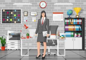 Office building interior. Businesswoman at desk with computer, chair, lamp, books and document papers. Drawer, tree, clocks, calendar, printer. Modern business workplace. Flat vector illustration