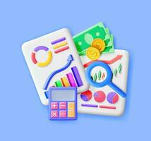3D Financial Reports with Magnifying Glass and Calculator. Render Stock Pie Shows Growth. Financial Data Analysis, Business Research, Financial Market Trade. Money and Banking. Vector Illustration