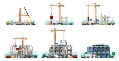 Construction Site Stages Isolated on White. Different Stages of Construction Process. Building Under House. Building Activity, Working Cranes, Workers and Machines. Cartoon Flat Vector Illustration