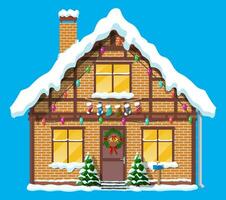 Suburban house covered snow. Building in holiday ornament. Christmas tree spruce, wreath. Happy new year decoration. Merry christmas holiday. New year and xmas celebration. Flat vector illustration