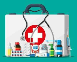 Medical first aid kit with different pills and medical devices. Medical tools, drugs, stethoscope, syringe, glucometer, thermometer. Healthcare diagnostics. Urgency emergency. Flat vector illustration