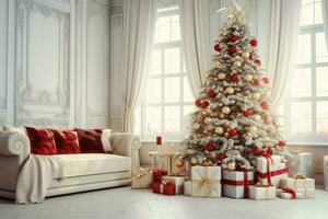 acogedor vivo habitación con hermosa Navidad árbol y rojo regalos en moderno interior. interior de vivo habitación decorado para alegre Navidad con medias, regalo cajas y Navidad accesorios por ai generado foto