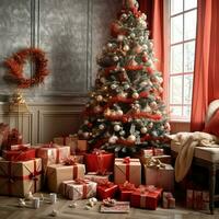 Cosy living room with beautiful christmas tree and red gifts in modern interior. Interior of living room decorated for merry christmas with socks, gift boxes and christmas accessories by AI Generated photo