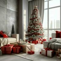 Cosy living room with beautiful christmas tree and red gifts in modern interior. Interior of living room decorated for merry christmas with socks, gift boxes and christmas accessories by AI Generated photo