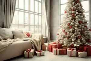 Cosy living room with beautiful christmas tree and red gifts in modern interior. Interior of living room decorated for merry christmas with socks, gift boxes and christmas accessories by AI Generated photo