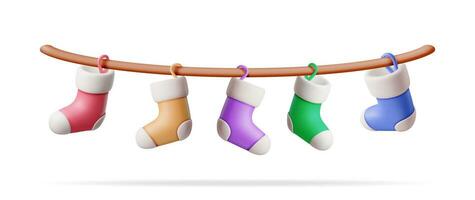 3D Christmas Stocking on Rope, Color Sock Isolated. Render Christmas Cloth Socks. Hanging Holiday Decorations for Gifts. New Year and Xmas Celebration. Realistic Vector Illustration