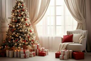 Cosy living room with beautiful christmas tree and red gifts in modern interior. Interior of living room decorated for merry christmas with socks, gift boxes and christmas accessories by AI Generated photo