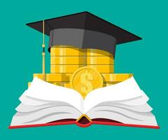 Graduation cap, open book and gold coin. Education savings and investment concept. Academic and school knowledge. Vector illustration in flat style