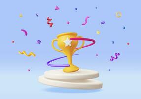 3D Golden Champion Trophy with Confetti on Podium. Render Gold Cup Trophy Icon. Gold Trophy for Competitions. Award Victory, Goal Champion Achievement, Prize Sports Award, Success. Vector Illustration