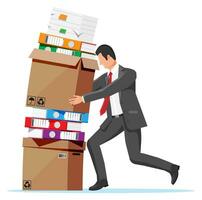 Stressed businessman pushing pile of office documents. Overworked business man with stacks of papers. Stress at work. Bureaucracy, paperwork, big data. Vector illustration in flat style