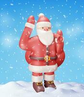 3D Santa Claus Character with Gift Bag in Snow. Render Standing Christmas Santa. Happy New Year Decoration. Merry Christmas Holiday. New Year and Xmas Celebration. Realistic Vector Illustration