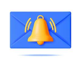 3D Mail Envelope with Bell Notification New Message Isolated. Blue Paper Letter Icon with Notification Gold Bell. New or Unread Email. Message, Contact, Letter and Document. Vector Illustration