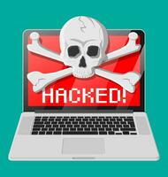 Death skull and crossbones on laptop screen. Internet phishing, hacked login and password. Computer network and internet security concept. Antivirus, spyware, malware. Vector illustration flat style