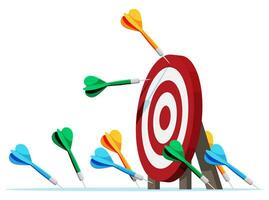 Many darts missed target mark. Multiple failed inaccurate attempts arrows to hit target. Business challenge failure, shot miss, failed achievement or goal. Flat vector illustration