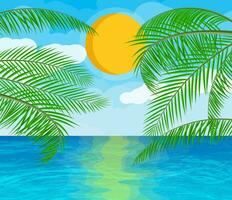 Landscape of palm tree on beach. Sun with reflection in water and clouds. Day in tropical place. Vector illustration in flat style