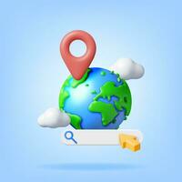 3d Globe or Earth with Clouds, Search Bar and Location Pin. Render Planet Earth and Search Frame. Weather, Booking, Transportation, Traveling. Cartography and Geography Earth Day. Vector Illustration