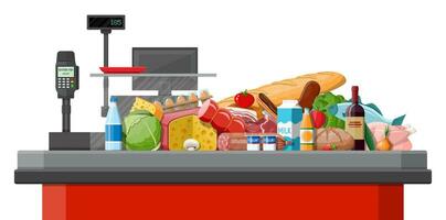 Groceries in checkout counter. Grocery store collection. Supermarket. Fresh organic food drinks. Milk, vegetables meat chicken cheese sausages, wine fruits, fish cereal juice. Flat vector illustration