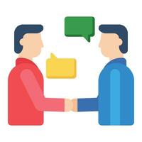 Two persons shaking hands and having conversation, flat modern icon of communication vector