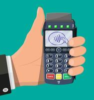 Modern POS terminal in hand. Bank payment device. Payment nfc keypad machine. Credit debit card reader. Vector illustration in flat style