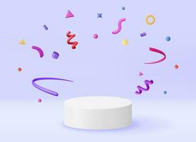 3D White Podium with Confetti Isolated. Render Stage Mockup. Platform with Confetti. Valentine Day, Birthday Card, Product Display Presentation Advertisement. Realistic Vector Illustration